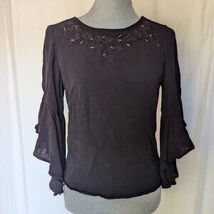 Fabels Embroidered Tiered- Bell Sleeve Top dark gray blouse XS